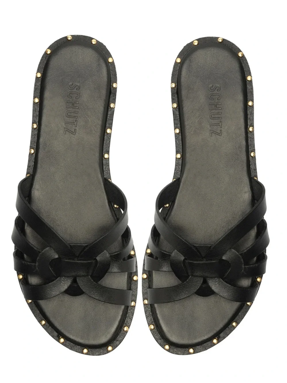 Schutz Phoenix flat sandals delicate woven straps n metallic stud along midsole.